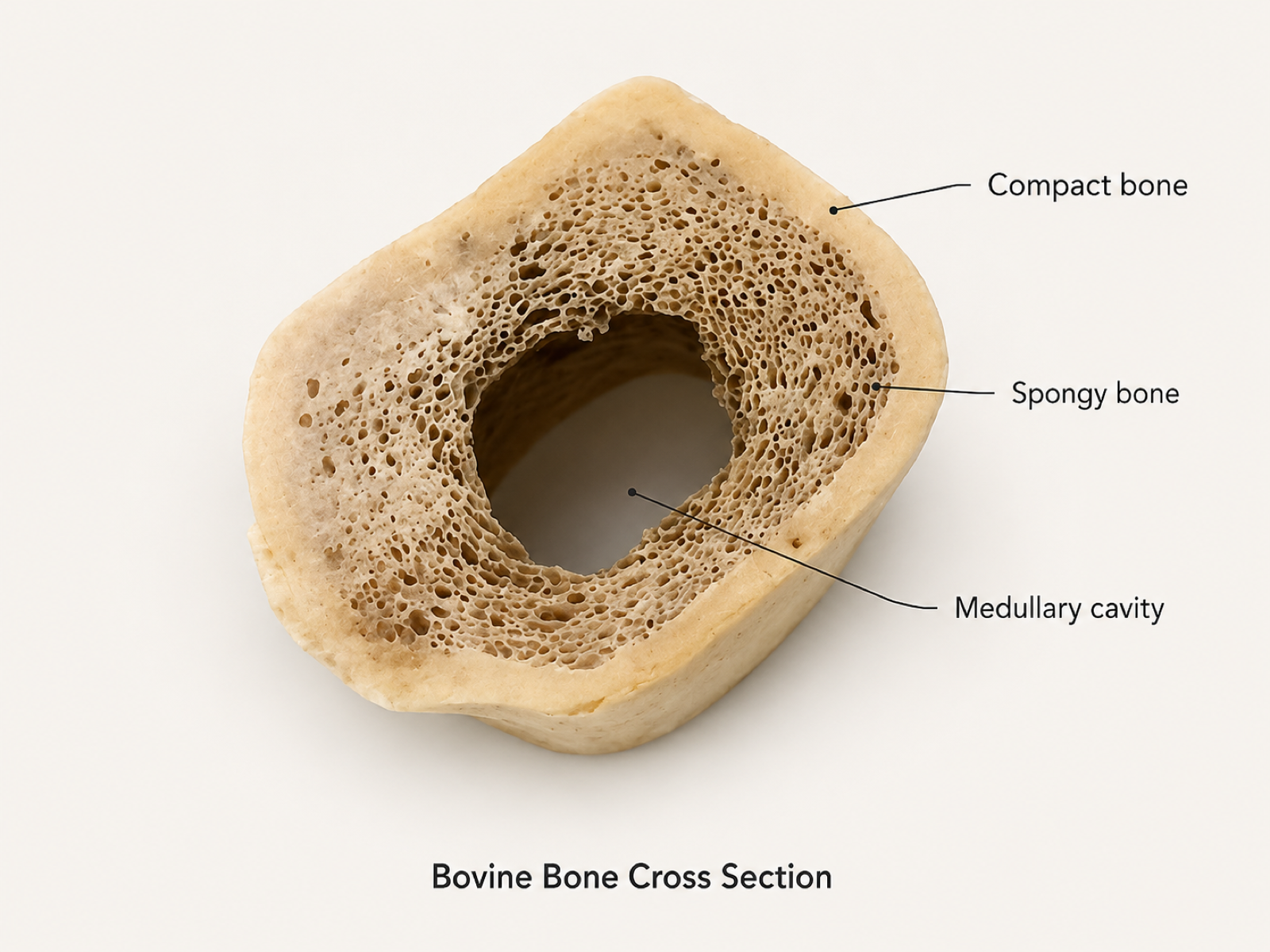 Cross-section of bovine bone showing a dense outer layer and porous internal structure.